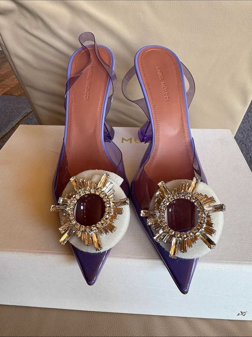 Amina Muaddi Purple Jeweled Pointed-Toe Slingbacks